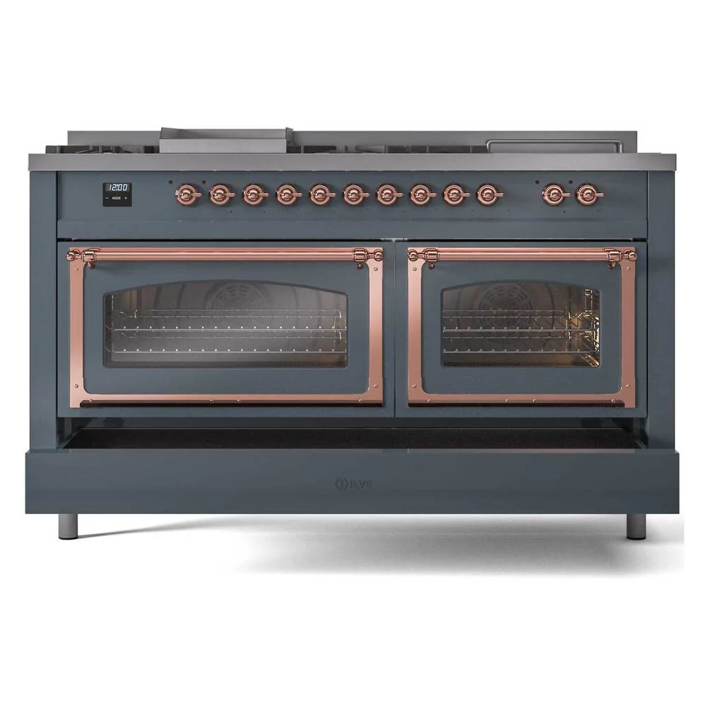 Ilve UN60FSNMPBGP Ilve Un60Fsnmpbgp Nostalgie Ii Noblesse 60" Dual Fuel Range (7 Sealed Burners + Griddle + French Top, Natural Gas, Triple Glass Door, Blue Grey, Copper) - Image 6