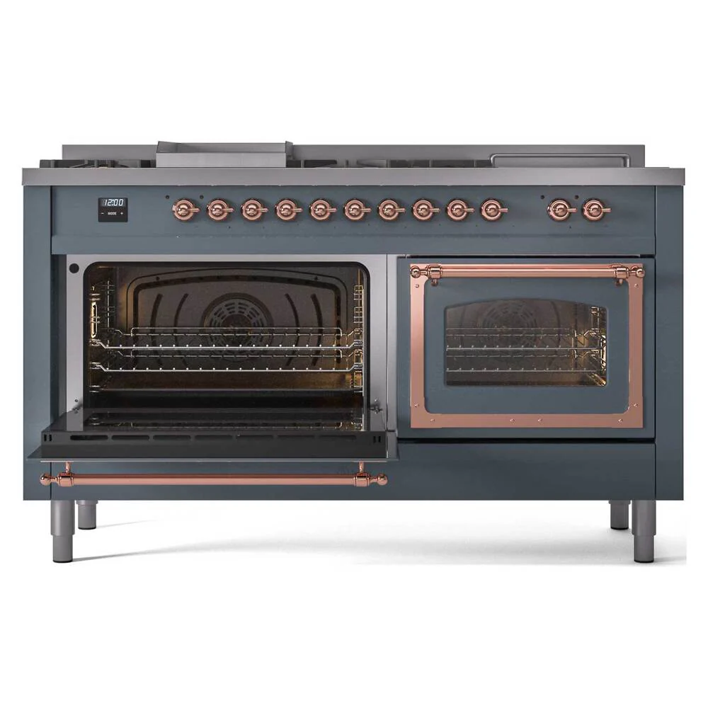 Ilve UN60FSNMPBGPLP Ilve Un60Fsnmpbgplp Nostalgie Ii Noblesse 60" Dual Fuel Range (7 Sealed Burners + Griddle + French Top, Liquid Propane, Triple Glass Door, Blue Grey, Copper) - Image 4