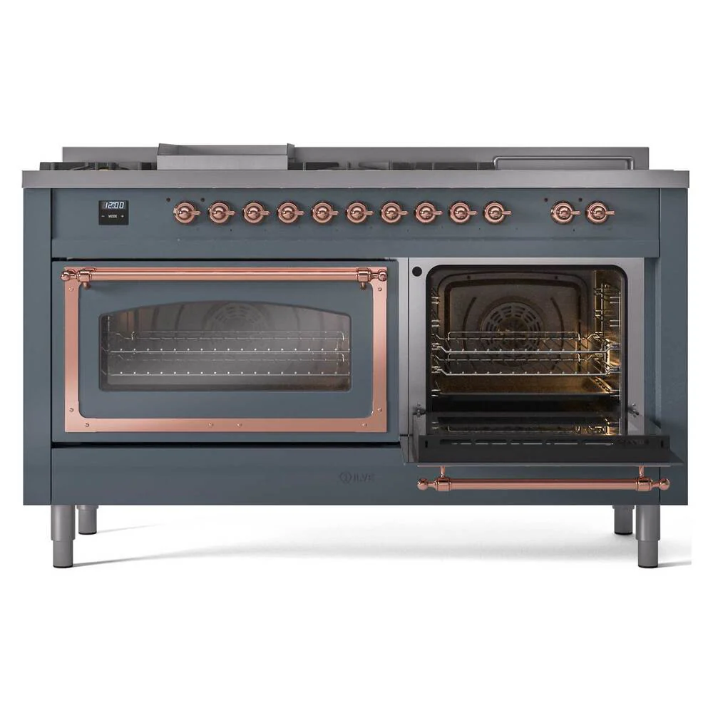 Ilve UN60FSNMPBGPLP Ilve Un60Fsnmpbgplp Nostalgie Ii Noblesse 60" Dual Fuel Range (7 Sealed Burners + Griddle + French Top, Liquid Propane, Triple Glass Door, Blue Grey, Copper) - Image 5