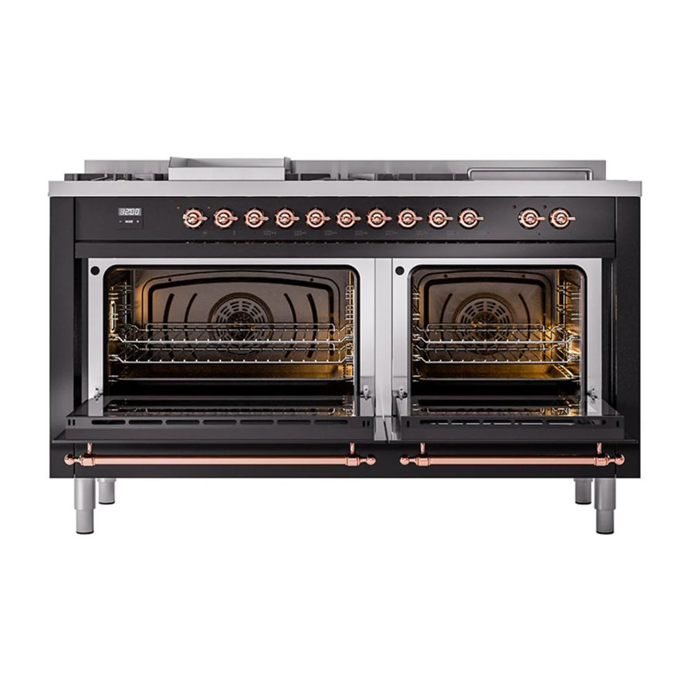 Ilve UN60FSNMPBKPLP Ilve Un60Fsnmpbkplp Nostalgie Ii Noblesse 60" Dual Fuel Range (7 Sealed Burners + Griddle + French Top, Liquid Propane, Triple Glass Door, Glossy Black, Copper) - Image 3
