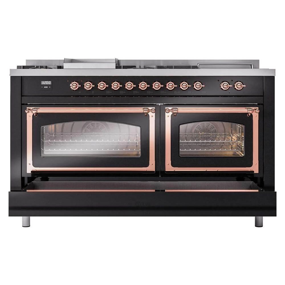 Ilve UN60FSNMPBKPLP Ilve Un60Fsnmpbkplp Nostalgie Ii Noblesse 60" Dual Fuel Range (7 Sealed Burners + Griddle + French Top, Liquid Propane, Triple Glass Door, Glossy Black, Copper) - Image 6
