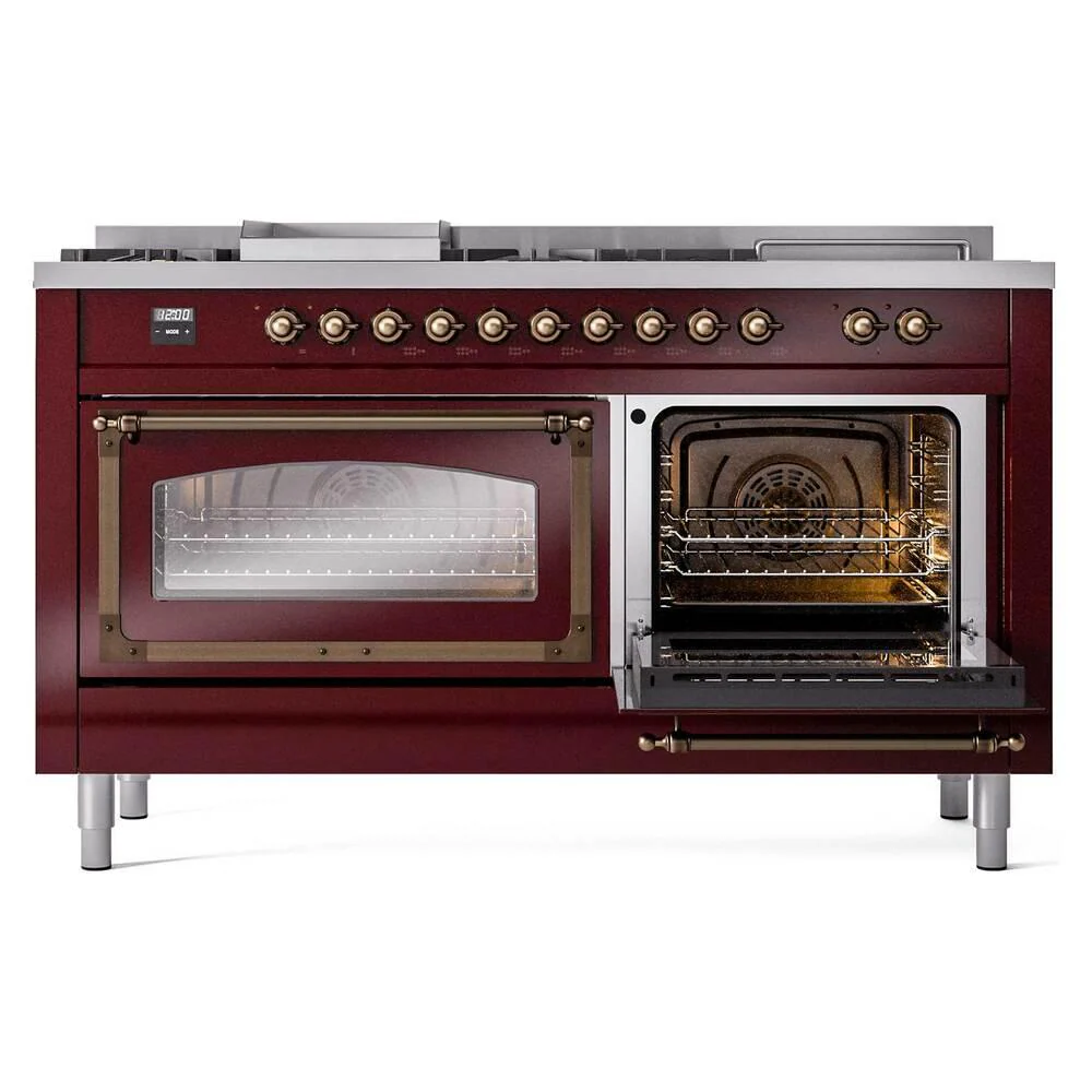 Ilve UN60FSNMPBUB Ilve Un60Fsnmpbub Nostalgie Ii Noblesse 60" Dual Fuel Range (7 Sealed Burners + Griddle + French Top, Natural Gas, Triple Glass Door, Burgundy, Burnished) - Image 5