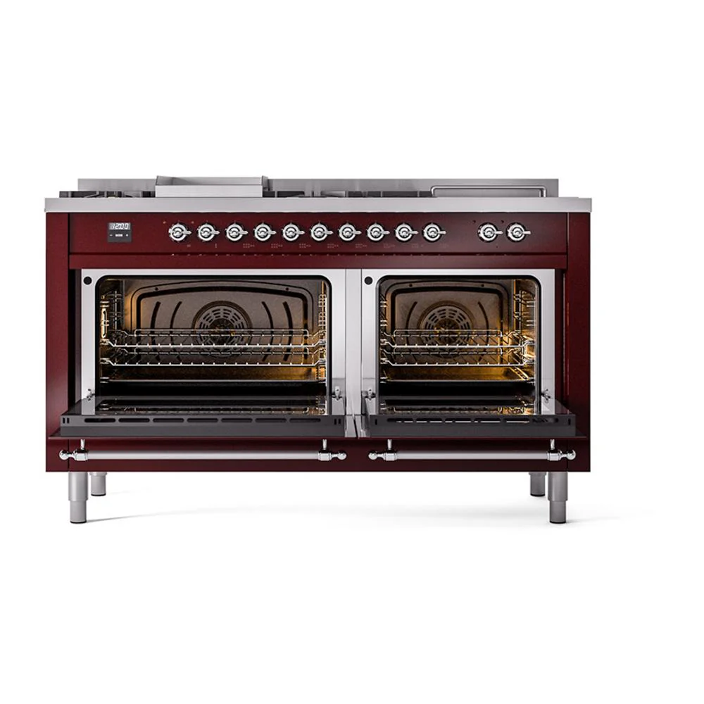 Ilve UN60FSNMPBUCLP Ilve Un60Fsnmpbuclp Nostalgie Ii Noblesse 60" Dual Fuel Range (7 Sealed Burners + Griddle + French Top, Liquid Propane, Triple Glass Door, Burgundy, Chrome) - Image 3