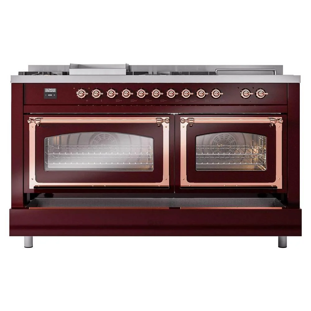 Ilve UN60FSNMPBUPLP Ilve Un60Fsnmpbuplp Nostalgie Ii Noblesse 60" Dual Fuel Range (7 Sealed Burners + Griddle + French Top, Liquid Propane, Triple Glass Door, Burgundy, Copper) - Image 6