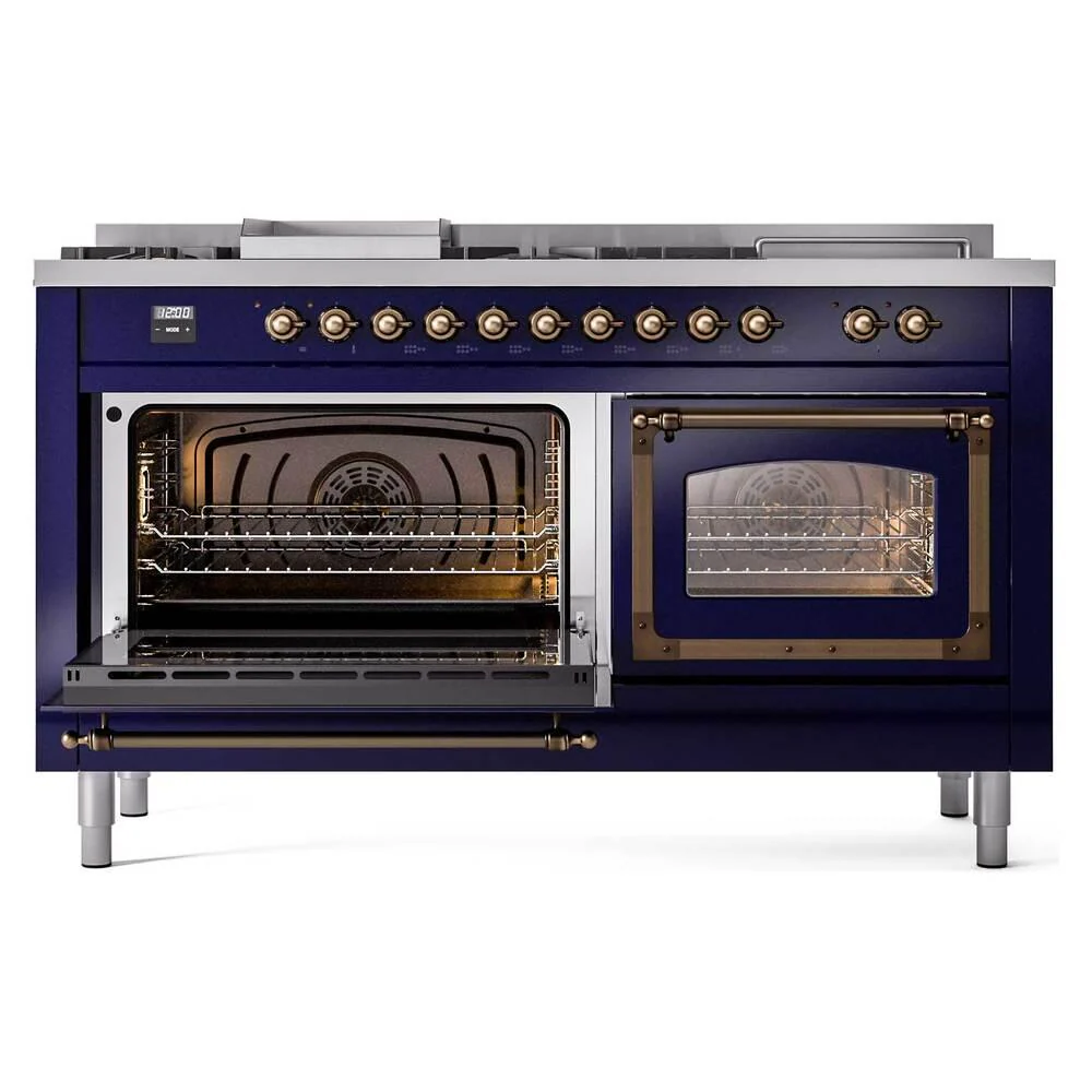 Ilve UN60FSNMPMBB Ilve Un60Fsnmpmbb Nostalgie Ii Noblesse 60" Dual Fuel Range (7 Sealed Burners + Griddle + French Top, Natural Gas, Triple Glass Door, Midnight Blue, Burnished) - Image 4