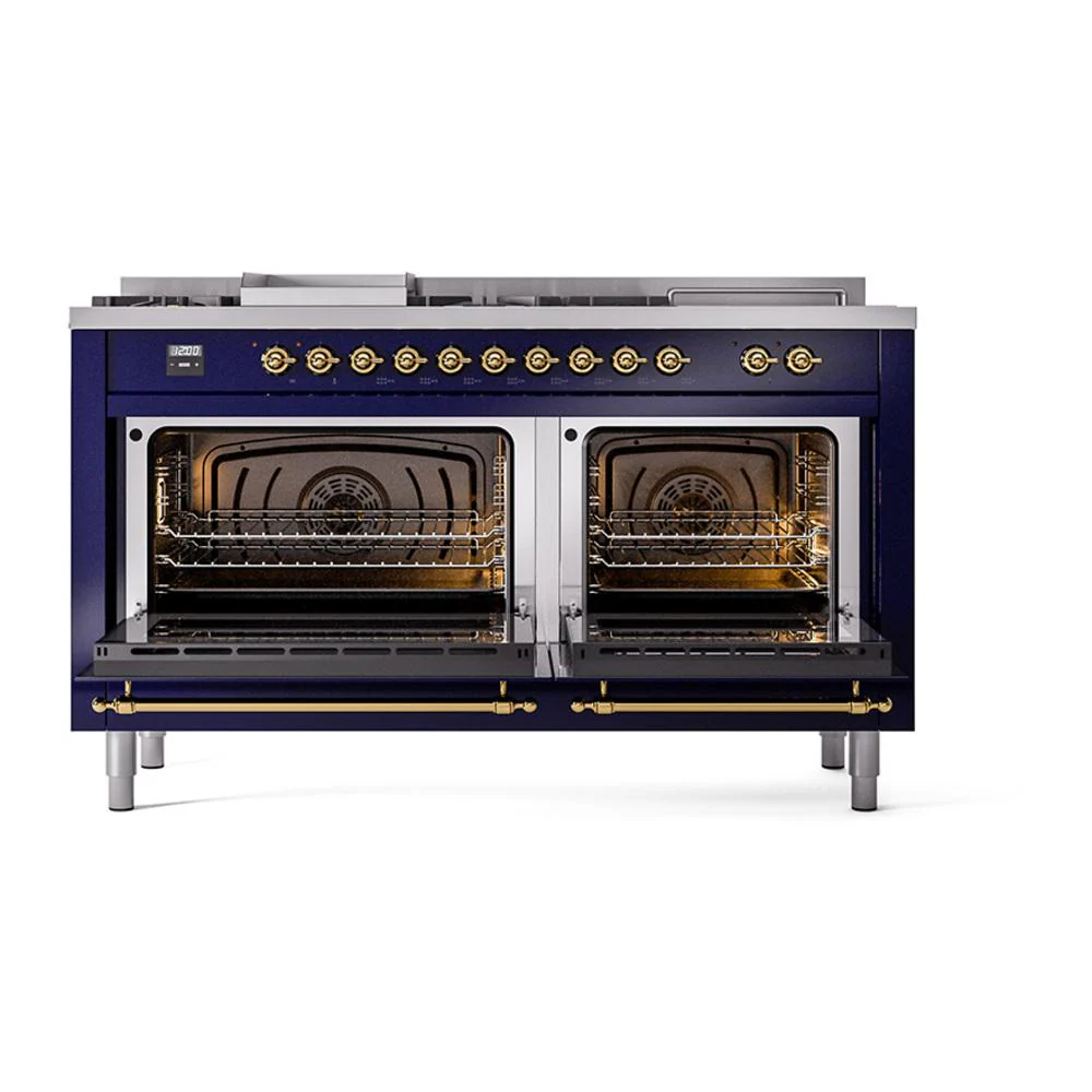 Ilve UN60FSNMPMBG Ilve Un60Fsnmpmbg Nostalgie Ii Noblesse 60" Dual Fuel Range (7 Sealed Burners + Griddle + French Top, Natural Gas, Triple Glass Door, Midnight Blue, Brass) - Image 3