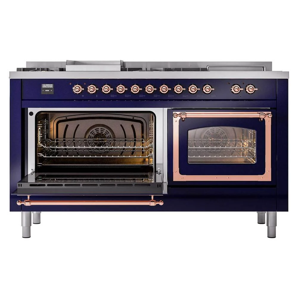 Ilve UN60FSNMPMBP Ilve Un60Fsnmpmbp Nostalgie Ii Noblesse 60" Dual Fuel Range (7 Sealed Burners + Griddle + French Top, Natural Gas, Triple Glass Door, Midnight Blue, Copper) - Image 4
