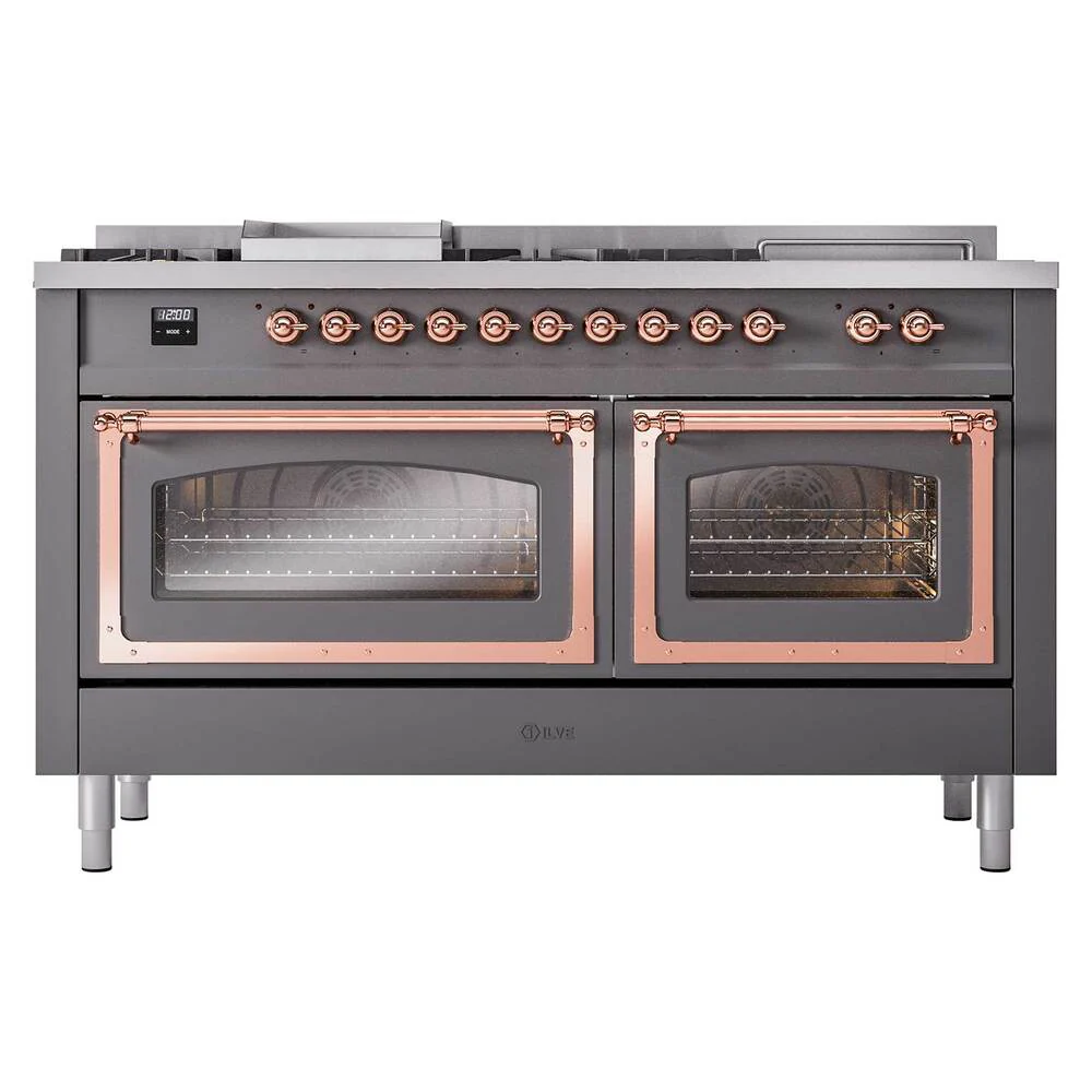 Ilve UN60FSNMPMGP Ilve Un60Fsnmpmgp Nostalgie Ii Noblesse 60" Dual Fuel Range (7 Sealed Burners + Griddle + French Top, Natural Gas, Triple Glass Door, Graphite Matte, Copper) - Image 2