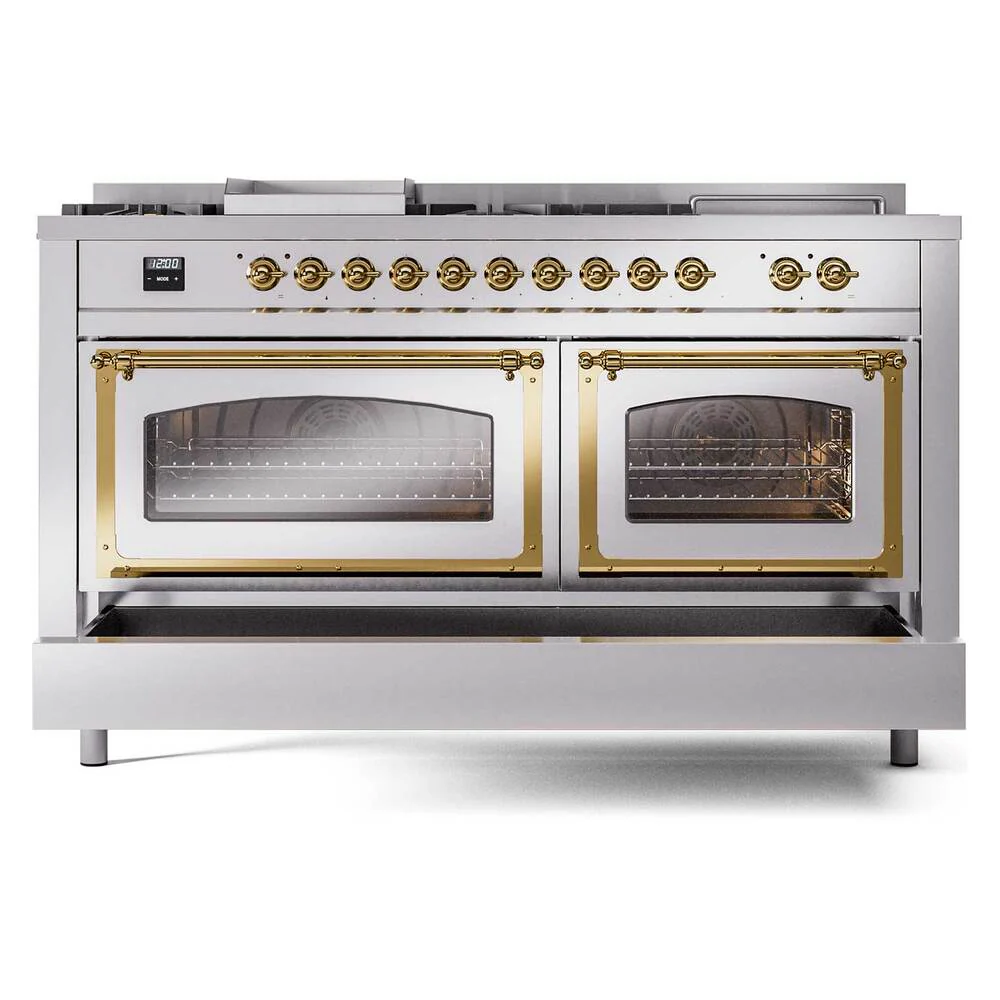 Ilve UN60FSNMPSSG Ilve Un60Fsnmpssg Nostalgie Ii Noblesse 60" Dual Fuel Range (7 Sealed Burners + Griddle + French Top, Natural Gas, Triple Glass Door, Stainless Steel, Brass) - Image 6