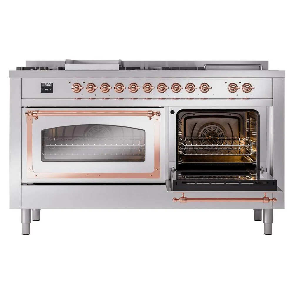 Ilve UN60FSNMPSSPLP Ilve Un60Fsnmpssplp Nostalgie Ii Noblesse 60" Dual Fuel Range (7 Sealed Burners + Griddle + French Top, Liquid Propane, Triple Glass Door, Stainless Steel, Copper) - Image 5