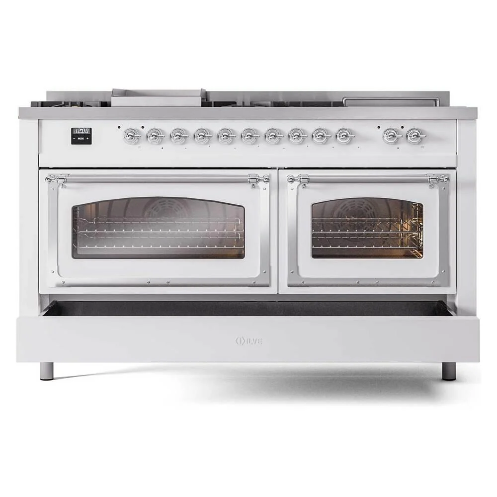 Ilve UN60FSNMPWHCLP Ilve Un60Fsnmpwhclp Nostalgie Ii Noblesse 60" Dual Fuel Range (7 Sealed Burners + Griddle + French Top, Liquid Propane, Triple Glass Door, White, Chrome) - Image 6