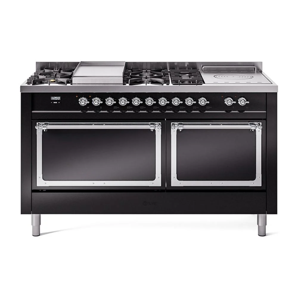 Ilve UN60FSQNMPBKCLP Ilve Un60Fsqnmpbkclp Nostalgie Ii Noblesse 60" Dual Fuel Range (7 Sealed Burners + Griddle + French Top, Liquid Propane, Solid Door, Glossy Black, Chrome)
