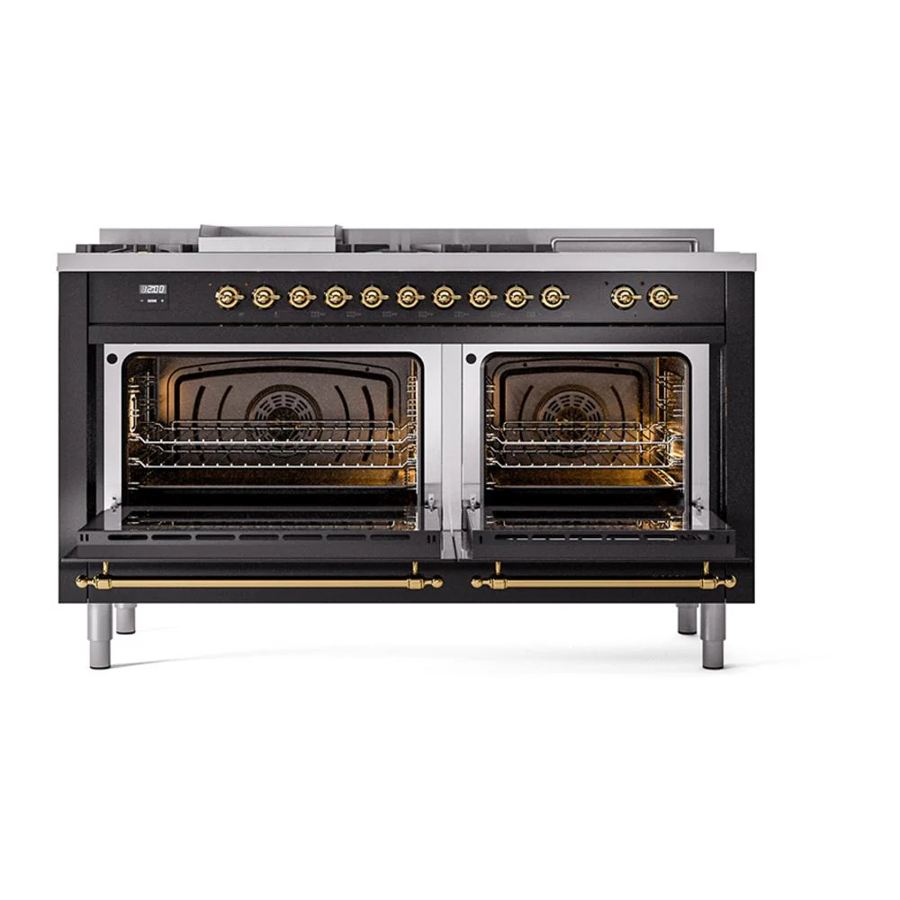 Ilve UN60FSQNMPBKG Ilve Un60Fsqnmpbkg Nostalgie Ii Noblesse 60" Dual Fuel Range (7 Sealed Burners + Griddle + French Top, Natural Gas, Solid Door, Glossy Black, Brass) - Image 2