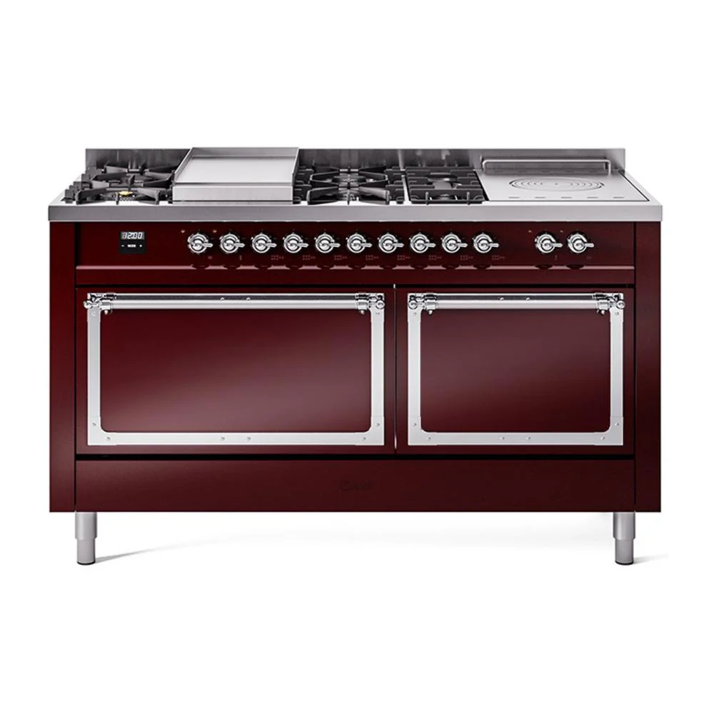 Ilve UN60FSQNMPBUC Ilve Un60Fsqnmpbuc Nostalgie Ii Noblesse 60" Dual Fuel Range (7 Sealed Burners + Griddle + French Top, Natural Gas, Solid Door, Burgundy, Chrome)