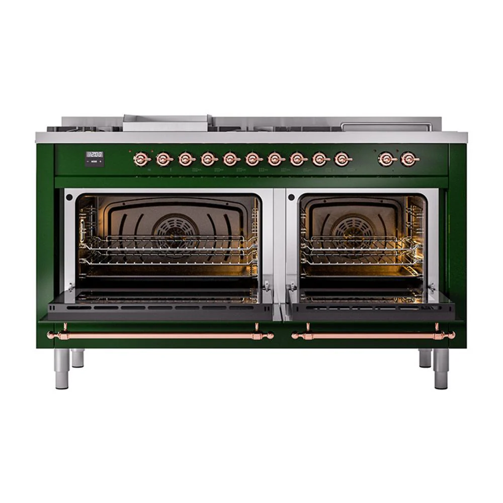 Ilve UN60FSQNMPEGP Ilve Un60Fsqnmpegp Nostalgie Ii Noblesse 60" Dual Fuel Range (7 Sealed Burners + Griddle + French Top, Natural Gas, Solid Door, Emerald Green, Copper) - Image 2