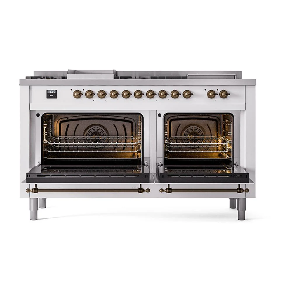 Ilve UN60FSQNMPWHBLP Ilve Un60Fsqnmpwhblp Nostalgie Ii Noblesse 60" Dual Fuel Range (7 Sealed Burners + Griddle + French Top, Liquid Propane, Solid Door, White, Burnished) - Image 2