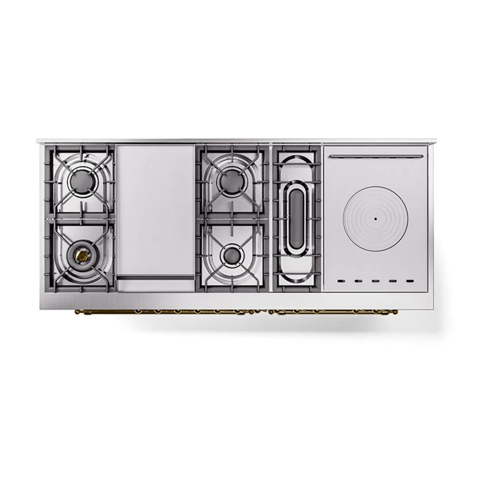 Ilve UN60FSQNMPWHG Ilve Un60Fsqnmpwhg Nostalgie Ii Noblesse 60" Dual Fuel Range (7 Sealed Burners + Griddle + French Top, Natural Gas, Solid Door, White, Brass) - Image 3