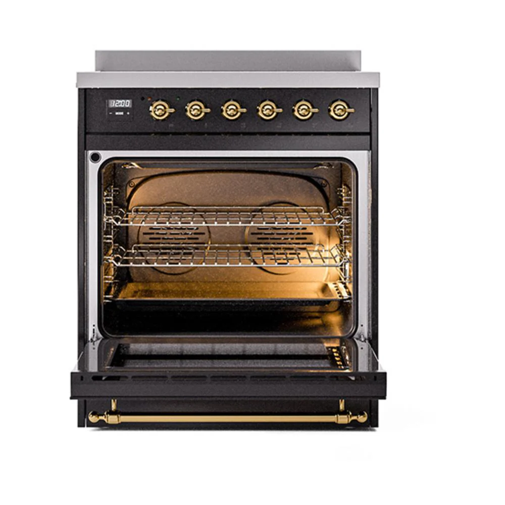 Ilve UNI304NMPBKG Ilve Uni304Nmpbkg Nostalgie Ii Noblesse 30" Induction Range (Triple Glass Door, Glossy Black, Brass) - Image 3