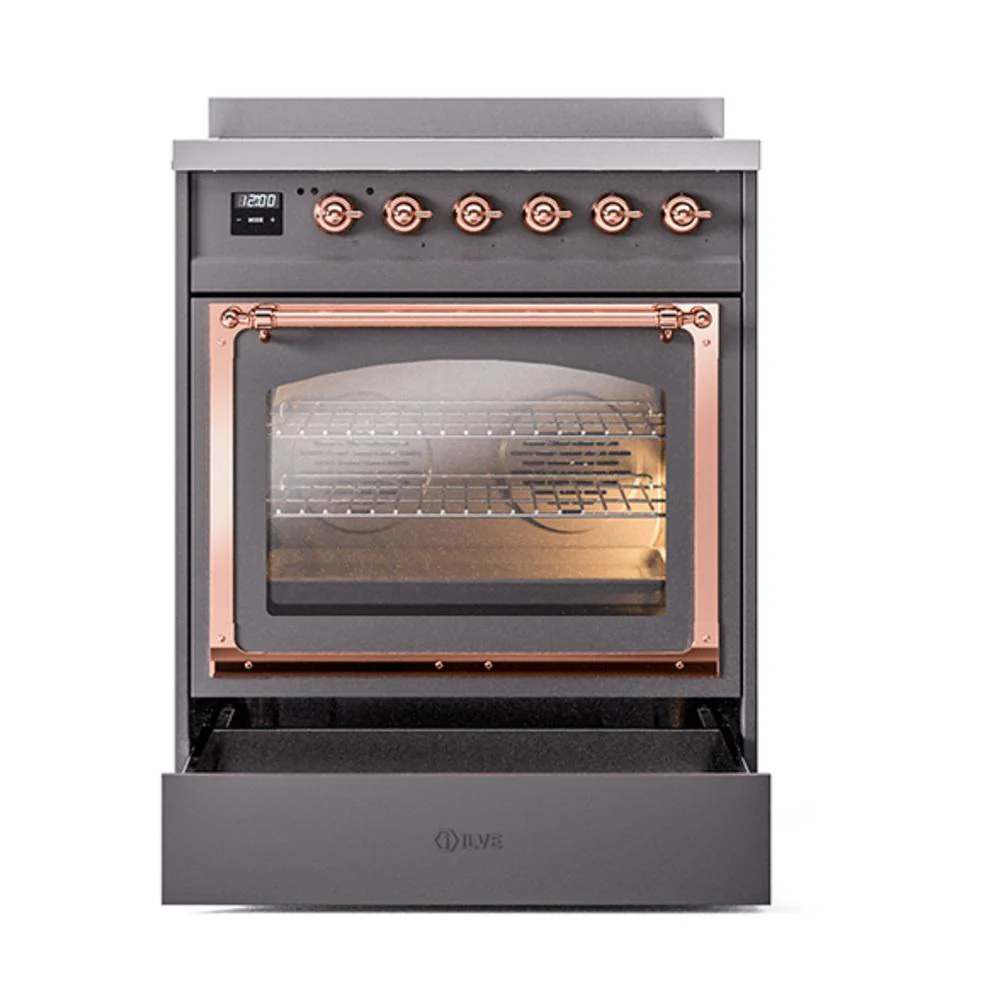 Ilve UNI304NMPMGP Ilve Uni304Nmpmgp Nostalgie Ii Noblesse 30" Induction Range (Triple Glass Door, Graphite Matte, Copper) - Image 4