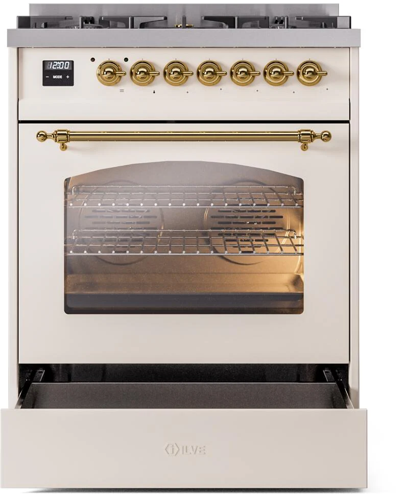 Ilve UP30NMPAWG Nostalgie Ii 30 Inch Dual Fuel Natural Gas Freestanding Range In Antique White With Brass Trim - Image 4