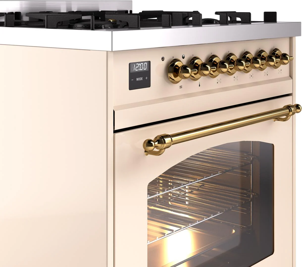 Ilve UP30NMPAWG Nostalgie Ii 30 Inch Dual Fuel Natural Gas Freestanding Range In Antique White With Brass Trim - Image 5