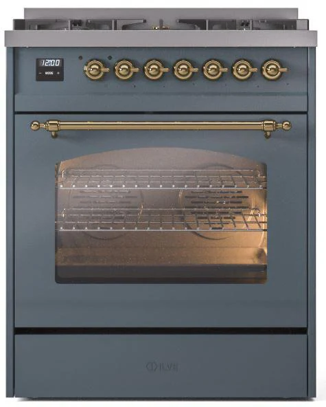 Ilve UP30NMPBGG Nostalgie Ii 30 Inch Dual Fuel Natural Gas Freestanding Range In Blue Grey With Brass Trim - Image 2