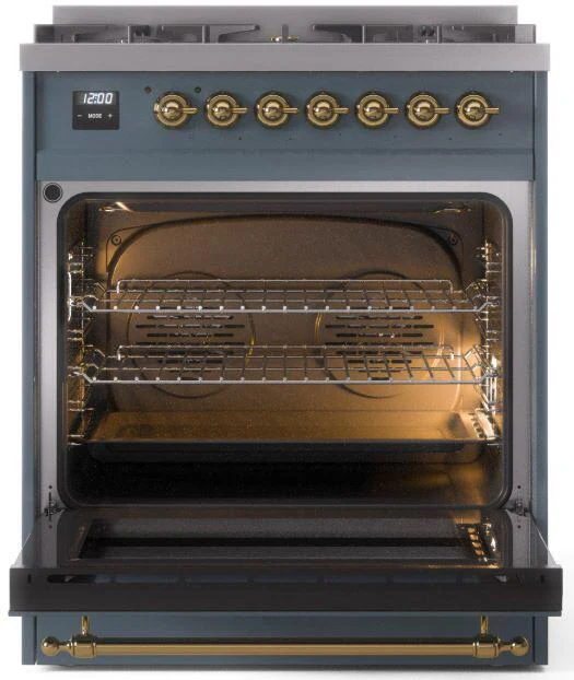 Ilve UP30NMPBGGLP Nostalgie Ii 30 Inch Dual Fuel Liquid Propane Freestanding Range In Blue Grey With Brass Trim - Image 3