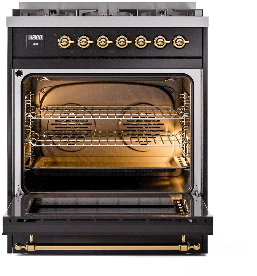 Ilve UP30NMPBKGLP Nostalgie Ii 30 Inch Dual Fuel Liquid Propane Freestanding Range In Glossy Black With Brass Trim - Image 3