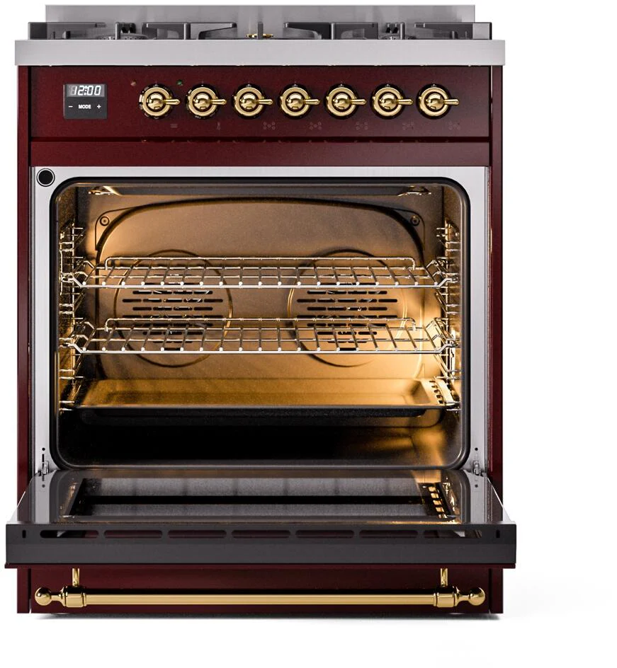 Ilve UP30NMPBUG Nostalgie Ii 30 Inch Dual Fuel Natural Gas Freestanding Range In Burgundy With Brass Trim - Image 3