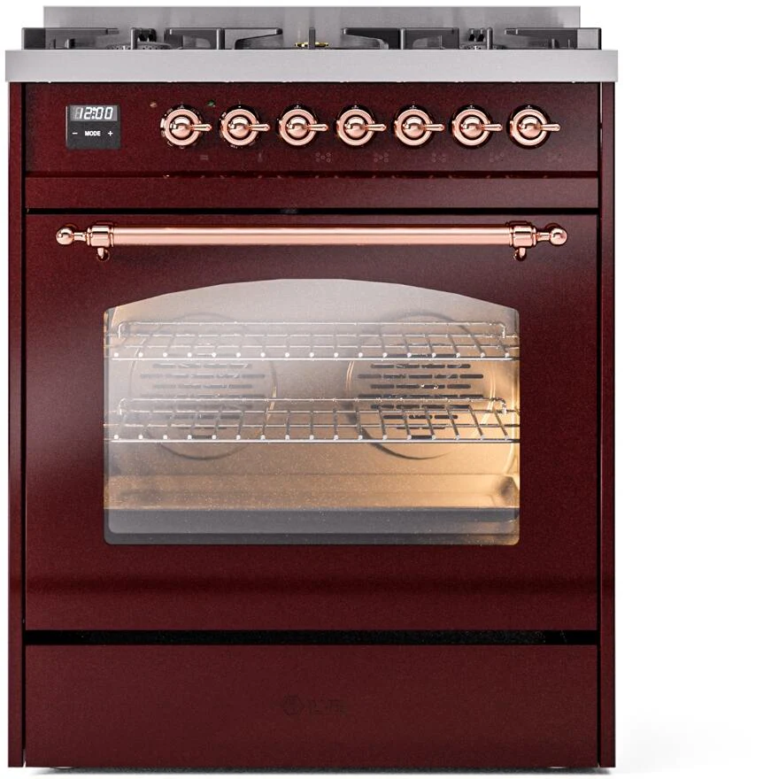 Ilve UP30NMPBUPLP Nostalgie Ii 30 Inch Dual Fuel Liquid Propane Freestanding Range In Burgundy With Copper Trim - Image 2