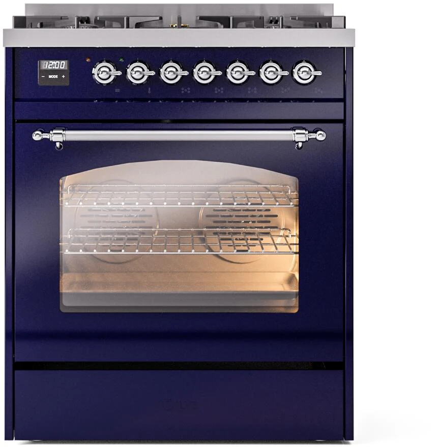 Ilve UP30NMPMBCLP Nostalgie Ii 30 Inch Dual Fuel Liquid Propane Freestanding Range In Blue With Chrome Trim - Image 2