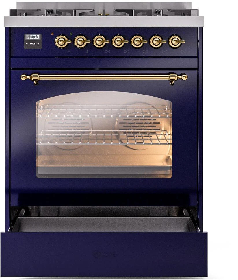 Ilve UP30NMPMBG Nostalgie Ii 30 Inch Dual Fuel Natural Gas Freestanding Range In Blue With Brass Trim - Image 4