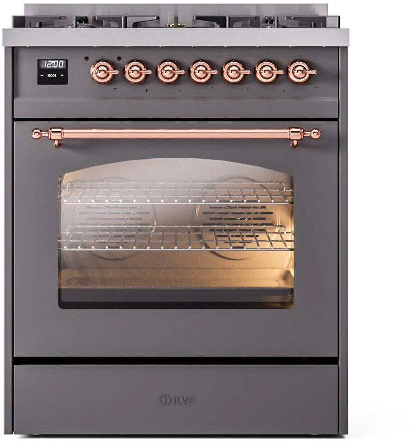 Ilve UP30NMPMGP Nostalgie Ii 30 Inch Dual Fuel Natural Gas Freestanding Range In Matte Graphite With Copper Trim - Image 2