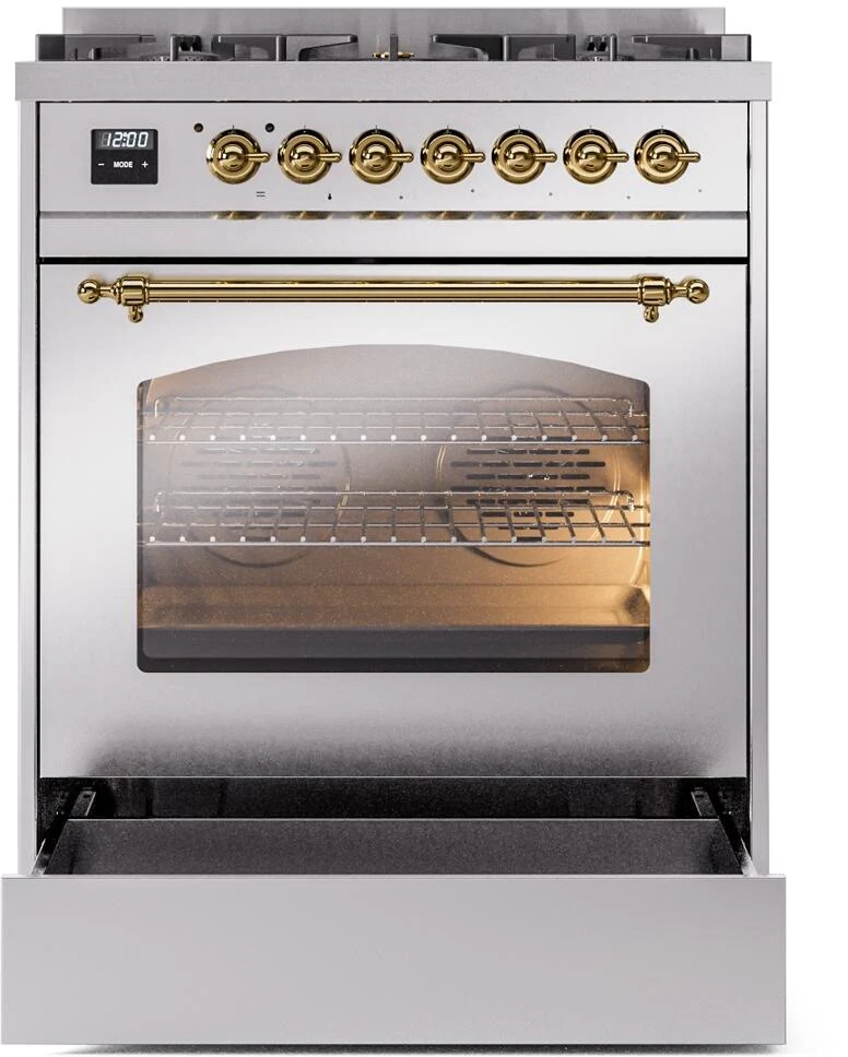 Ilve UP30NMPSSG Nostalgie Ii 30 Inch Dual Fuel Natural Gas Freestanding Range In Stainless Steel With Brass Trim - Image 4