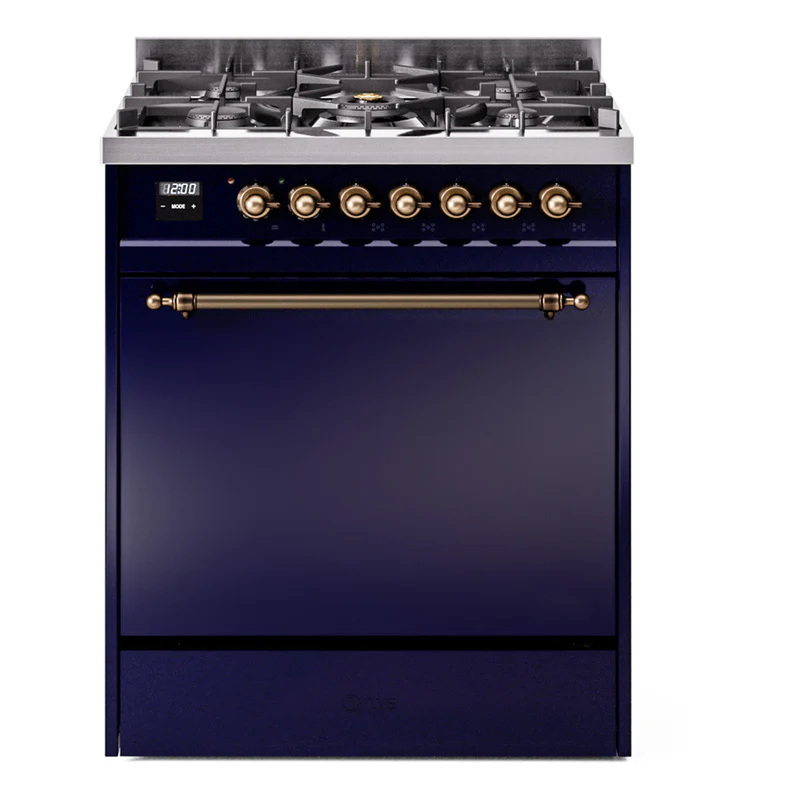 Ilve UP30QNMPMBB Nostalgie Ii 30 Inch Dual Fuel Natural Gas Freestanding Range In Blue With Bronze Trim
