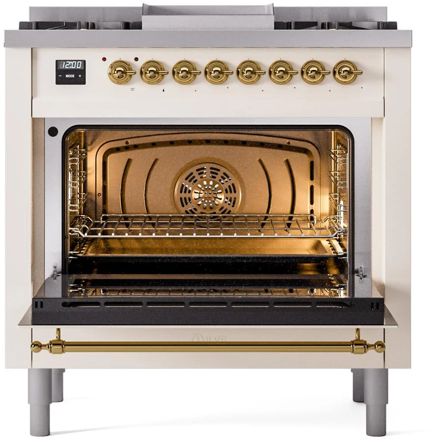 Ilve UP36FNMPAWG Nostalgie Ii 36 Inch Dual Fuel Natural Gas Freestanding Range In Antique White With Brass Trim - Image 3