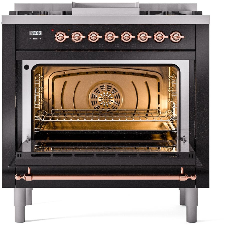 Ilve UP36FNMPBKP Nostalgie Ii 36 Inch Dual Fuel Natural Gas Freestanding Range In Glossy Black With Copper Trim - Image 3