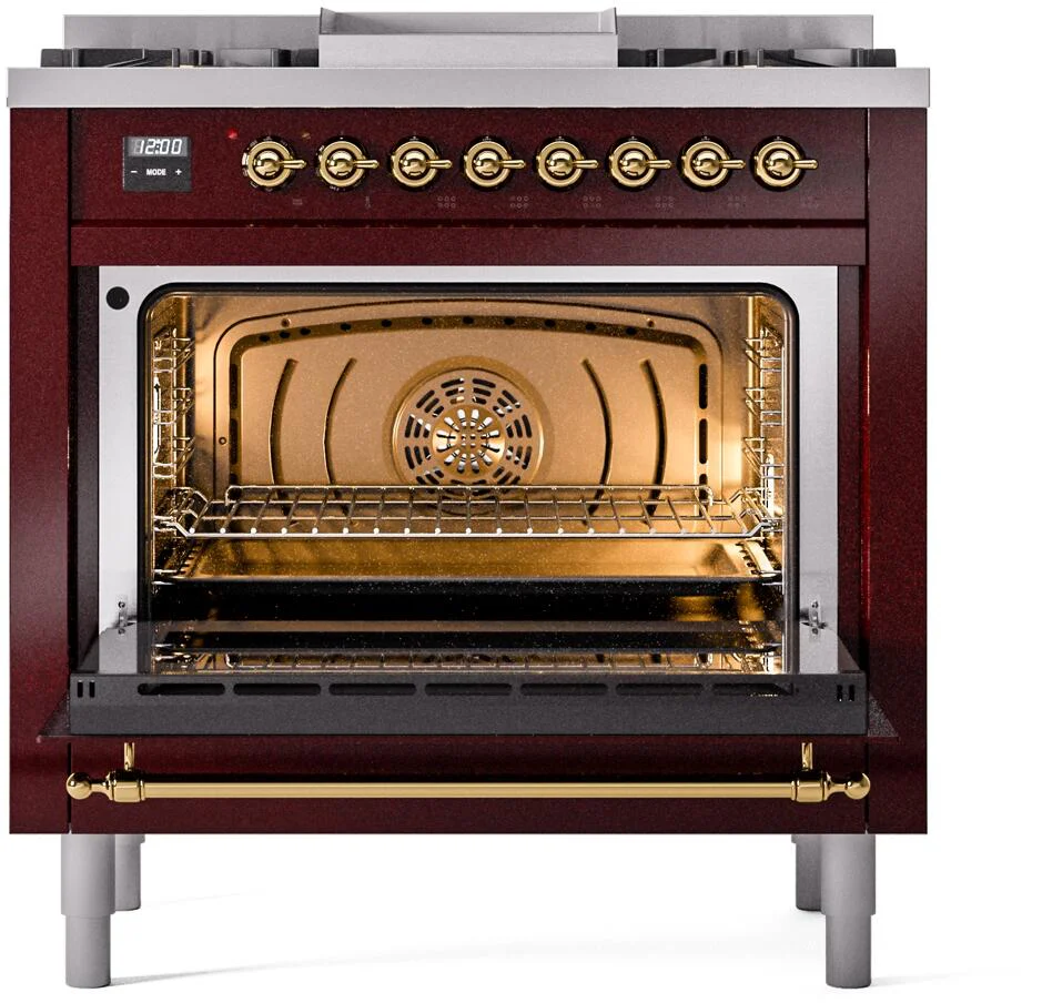 Ilve UP36FNMPBUG Nostalgie Ii 36 Inch Dual Fuel Natural Gas Freestanding Range In Burgundy With Brass Trim - Image 3
