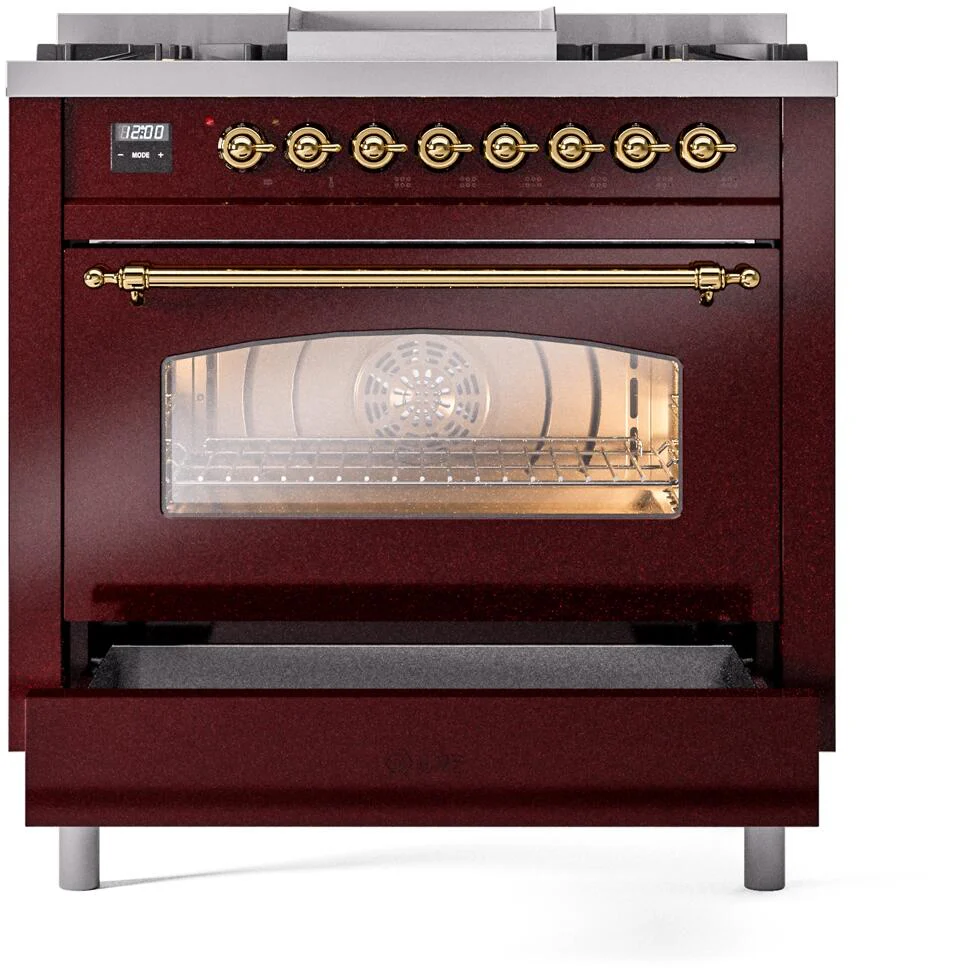 Ilve UP36FNMPBUGLP Nostalgie Ii 36 Inch Dual Fuel Liquid Propane Freestanding Range In Burgundy With Brass Trim - Image 4