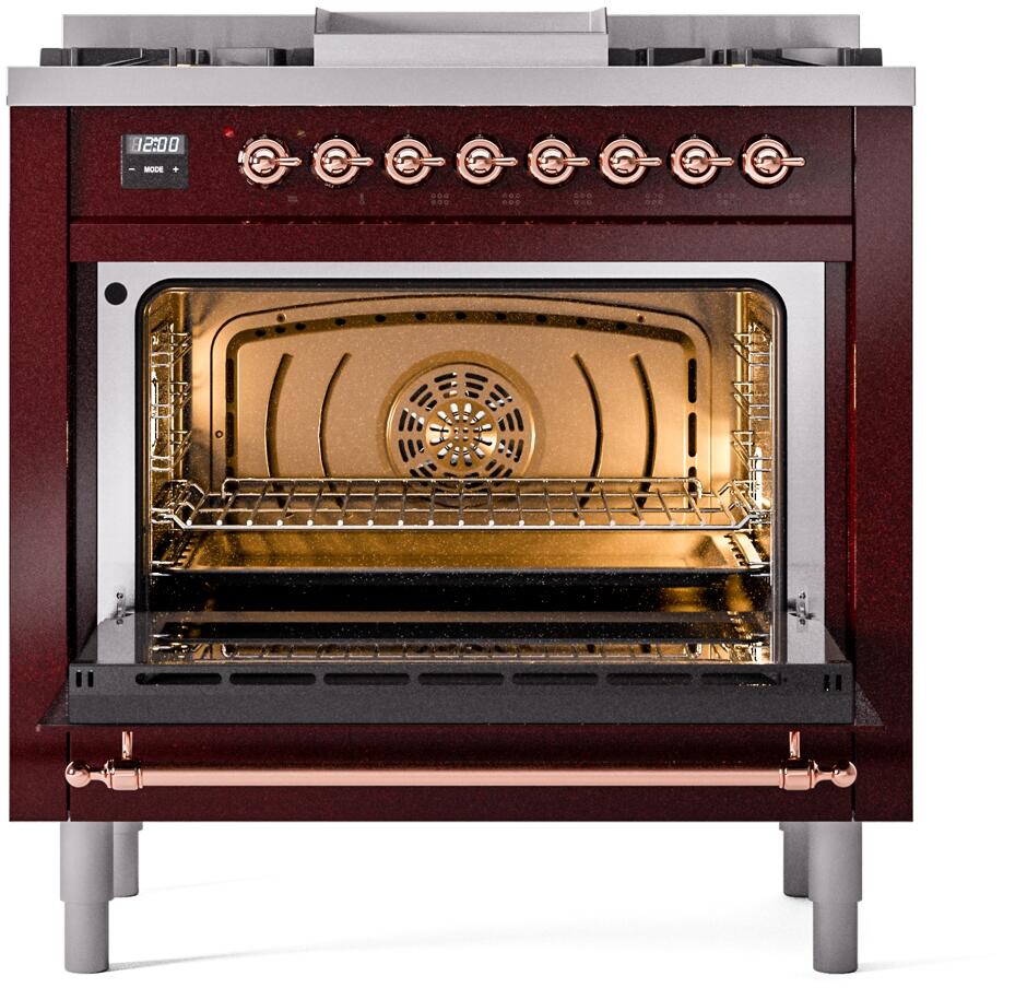 Ilve UP36FNMPBUP Nostalgie Ii 36 Inch Dual Fuel Natural Gas Freestanding Range In Burgundy With Copper Trim - Image 3