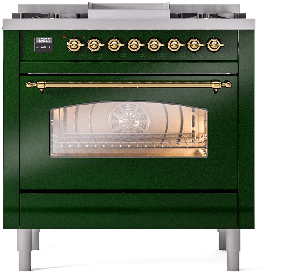 Ilve UP36FNMPEGG Nostalgie Ii 36 Inch Dual Fuel Natural Gas Freestanding Range In Emerald Green With Brass Trim - Image 2