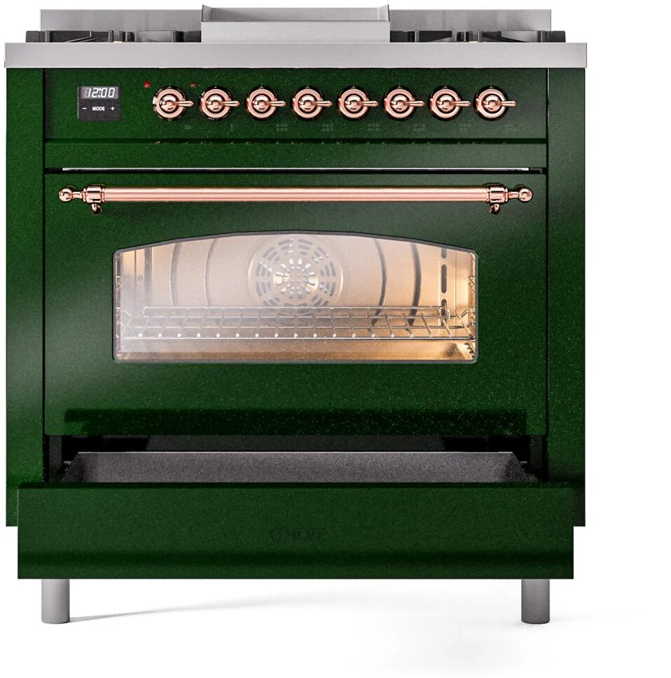 Ilve UP36FNMPEGPLP Nostalgie Ii 36 Inch Dual Fuel Liquid Propane Freestanding Range In Emerald Green With Copper Trim - Image 4