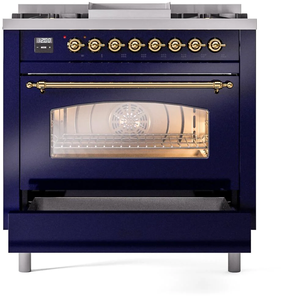 Ilve UP36FNMPMBGLP Nostalgie Ii 36 Inch Dual Fuel Liquid Propane Freestanding Range In Blue With Brass Trim - Image 4
