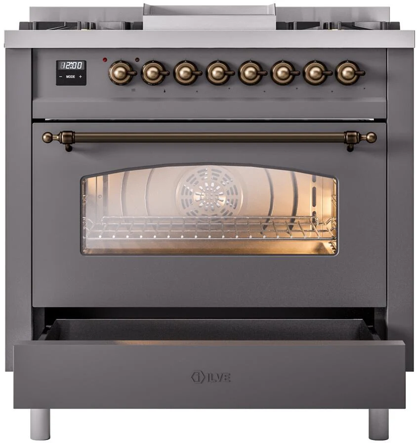Ilve UP36FNMPMGBLP Nostalgie Ii 36 Inch Dual Fuel Liquid Propane Freestanding Range In Matte Graphite With Bronze Trim - Image 4