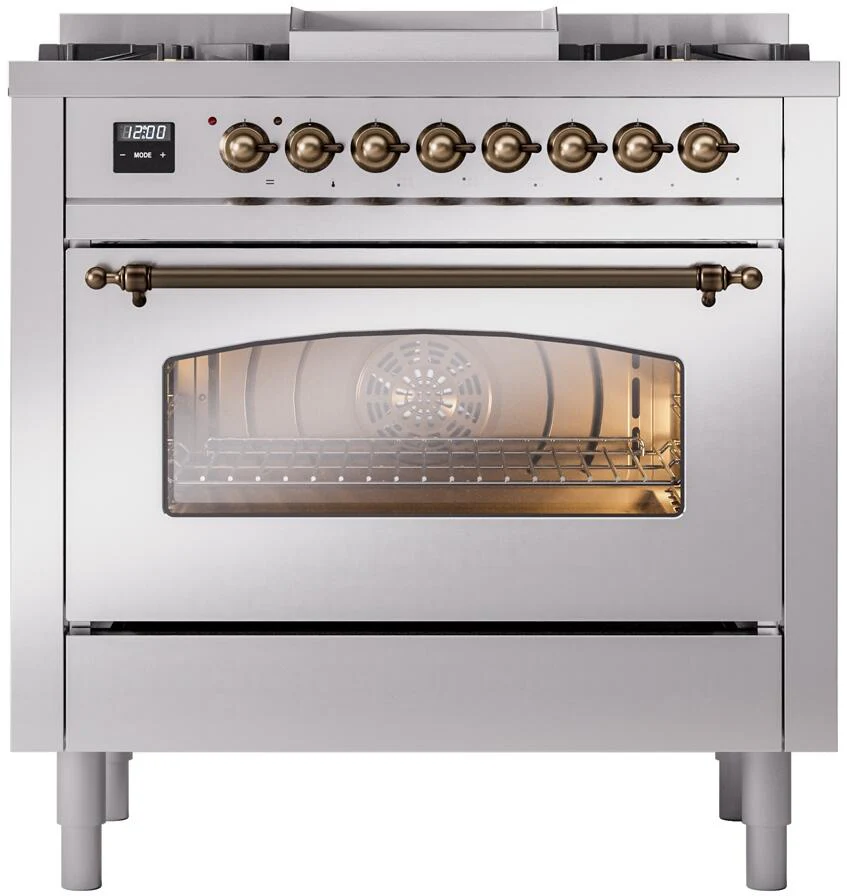 Ilve UP36FNMPSSBLP Nostalgie Ii 36 Inch Dual Fuel Liquid Propane Freestanding Range In Stainless Steel With Bronze Trim - Image 2