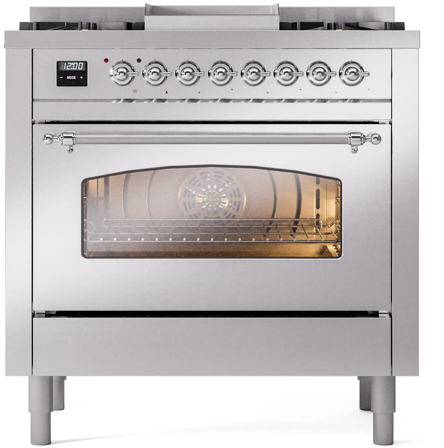 Ilve UP36FNMPSSC Nostalgie Ii 36 Inch Dual Fuel Natural Gas Freestanding Range In Stainless Steel With Chrome Trim - Image 2