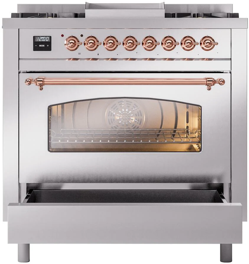 Ilve UP36FNMPSSPLP Nostalgie Ii 36 Inch Dual Fuel Liquid Propane Freestanding Range In Stainless Steel With Copper Trim - Image 4