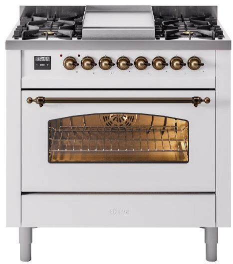 Ilve UP36FNMPWHBLP Nostalgie Ii 36 Inch Dual Fuel Liquid Propane Freestanding Range In White With Bronze Trim