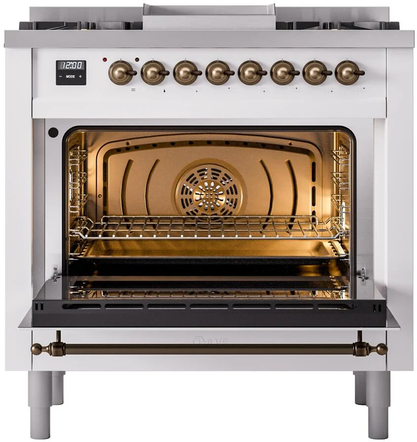 Ilve UP36FNMPWHBLP Nostalgie Ii 36 Inch Dual Fuel Liquid Propane Freestanding Range In White With Bronze Trim - Image 3