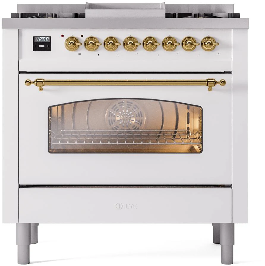 Ilve UP36FNMPWHG Nostalgie Ii 36 Inch Dual Fuel Natural Gas Freestanding Range In White With Brass Trim - Image 2